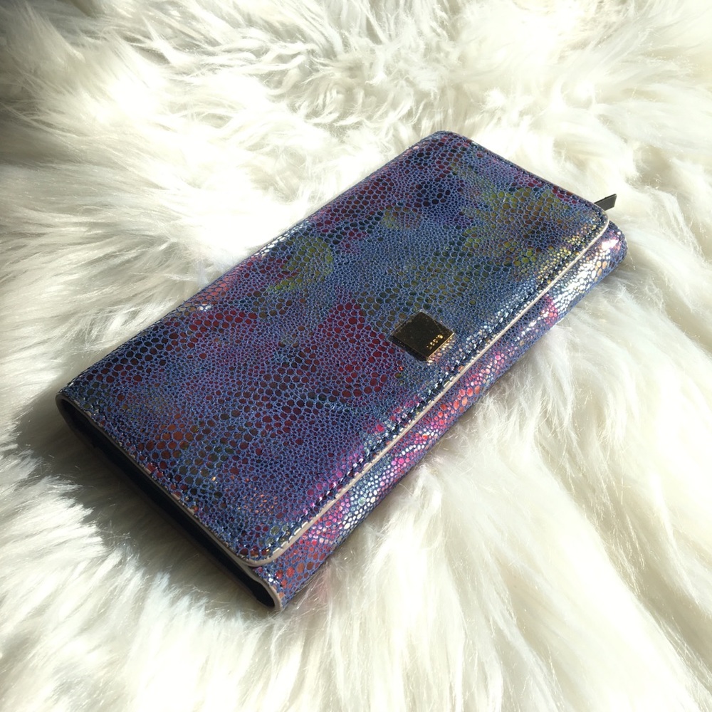 Lodis Purple Suede Holographic Metallic Flower Clutch Wallet Pink Yellow